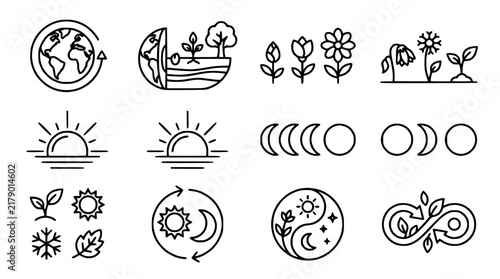 Принти на полотні Ecology Icons Set: Earth, Growth, Seasons, Sun, Moon, Cycles, Nature