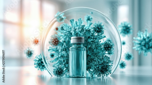 A vaccine vial protected by a transparent shield, surrounded by virus models symbolizing protection against infection.