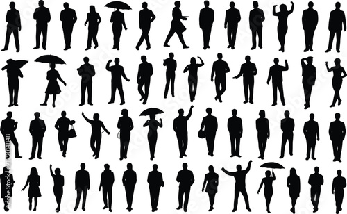 Large collection of black people silhouettes standing walking gesturing and holding umbrellas isolated on white background vector illustration