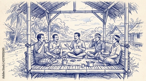 Village men drinking coffee in bamboo gazebo sketch.