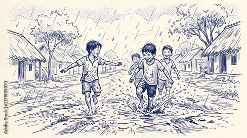 Village children playing in the rain.