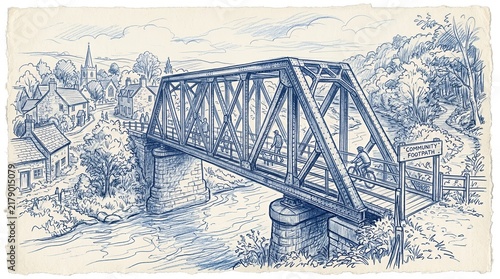 Vintage blue ink sketch of rural truss bridge