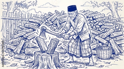 Village man chopping wood with axe sketch.