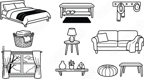 Cozy Home Interior Furniture Line Art Vector Icon Se