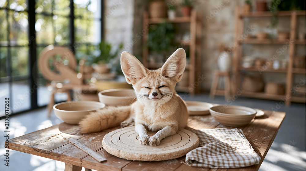 Obraz premium Fennec Fox Sitting At Dining Table In Cozy Home 
