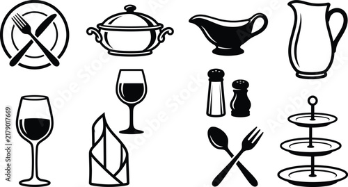 Thanksgiving Tableware Dining Icon Set Line Art Vector Illustration