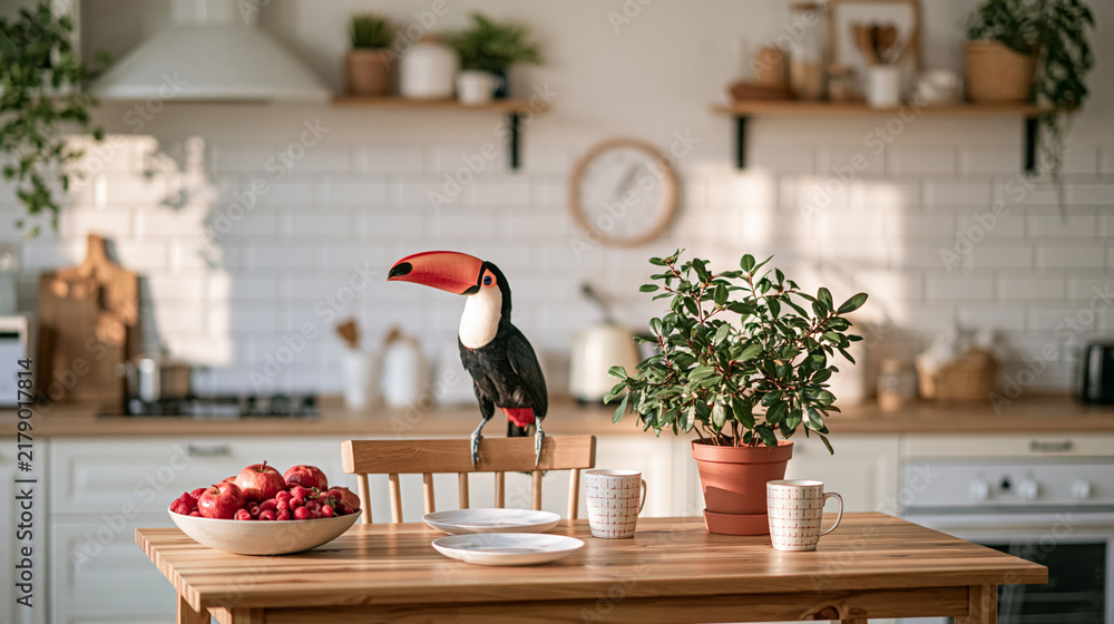 Fototapeta premium Toucan Perched On Kitchen Island Beside Potted Plant 