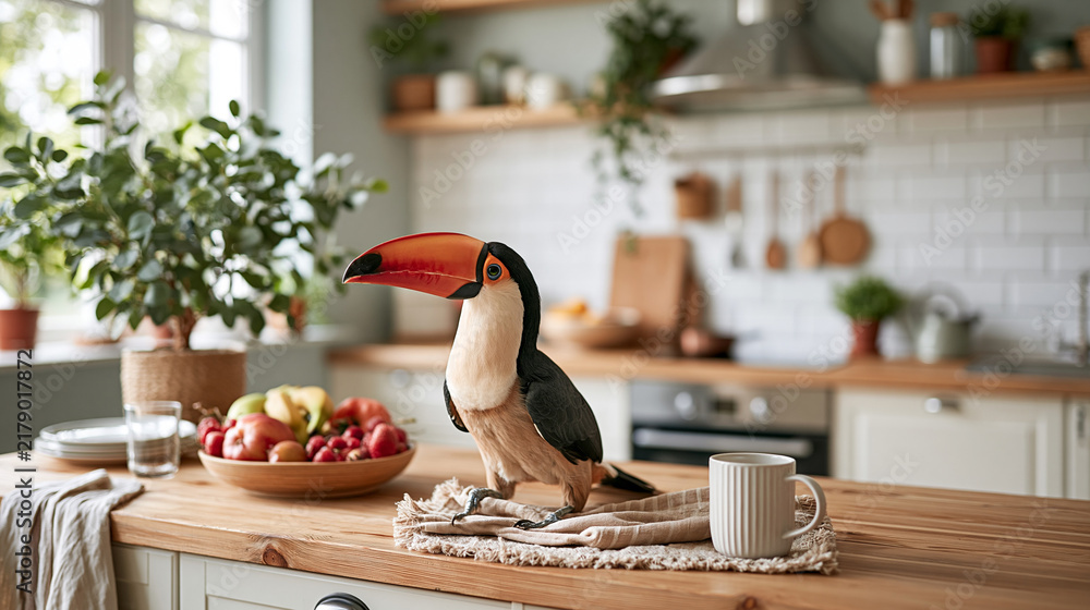 Obraz premium Colorful Toucan Perched On Table Inside Bright Kitchen 