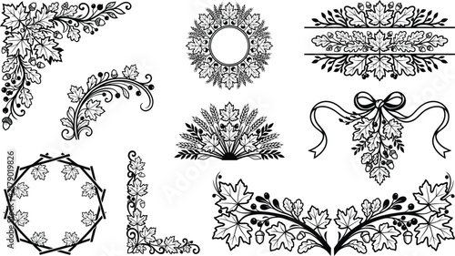 Thanksgiving Autumn Floral Border Frame Decorative Line Art Vector Set