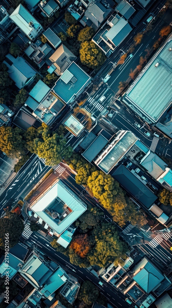 Obraz premium Aerial top down view of onzen architecture cityscape outdoors.