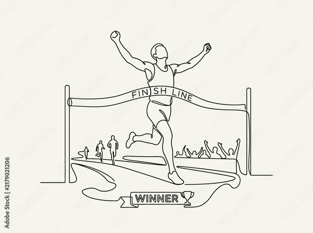 Obraz premium Triumphant Runner Crosses Finish Line Celebrating Victory With Arms Raised High