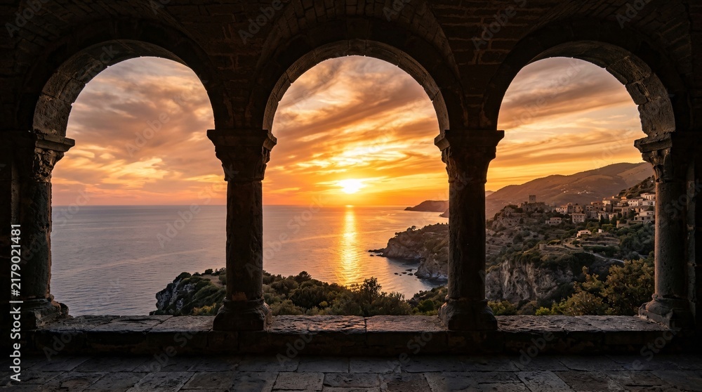 Fototapeta premium Majestic ocean sunset with vibrant orange and purple sky viewed through old stone coastal arches.
