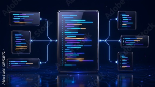 Obraz na płótnie Digital code compiler distributing programming scripts across multiple screens representing software development architecture