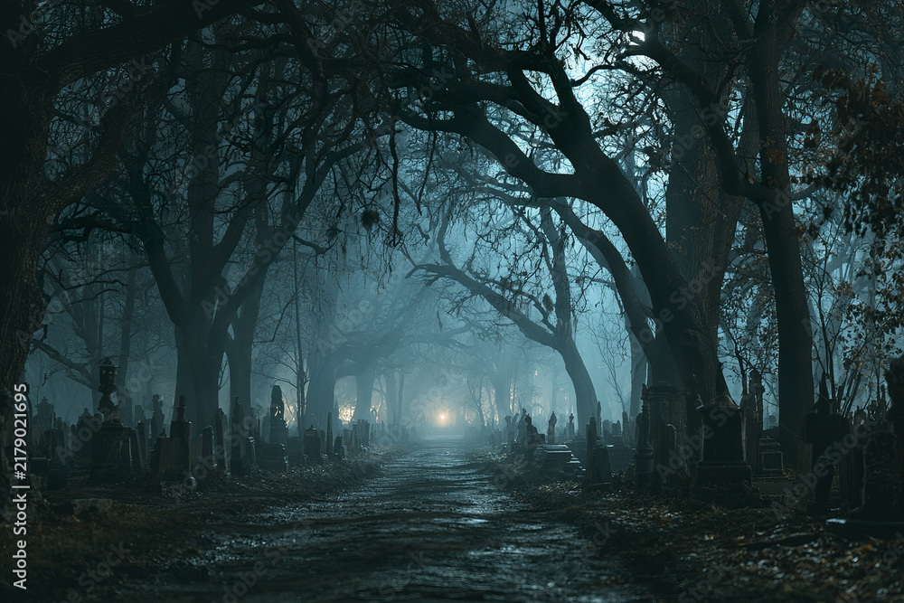 Obraz premium Creepy cemetery pathway at night with rows of ancient gravestones under twisted bare trees creating eerie atmosphere