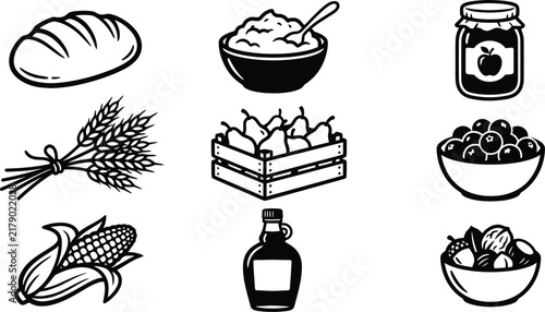 Thanksgiving Harvest Food Icon Set Black Line Art Vector Illustration