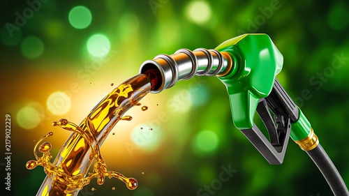 Green fuel nozzle dispensing gasoline with splash representing energy and transportation