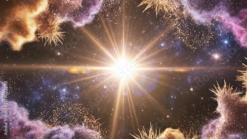 Bright cosmic explosion with colorful nebula clouds and starry space background in outer galaxy