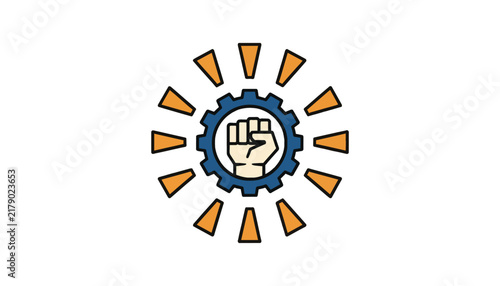Raised fist inside mechanical gear with orange sun rays