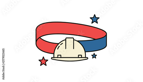 Patriotic hard hat with red and blue ribbon and stars