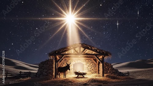 Nativity scene with starry night sky bright shining star manger and donkey in Bethlehem
