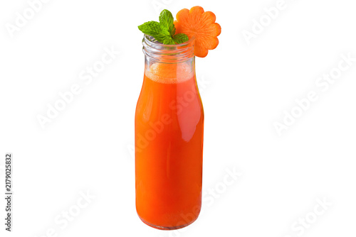 Vibrant Orange Juice Drink in Glass Bottle With Fresh Fruit Garnish Accents