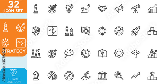 Business strategy line editable Vector illustration icon set. representing key business concepts, including market analysis, strategy, leadership, innovation, planning.
