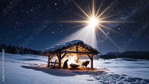 Peaceful nativity scene in snowy landscape under bright starry night with glowing divine light