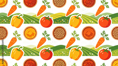 Seamless vector pattern with fresh vegetables grains and farm landscape