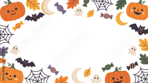 Halloween frame of pumpkins, tiny ghost, wrapped candies, a festive background with ample copy space.