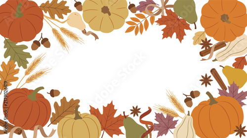 Thanksgiving Fall Harvest Frame with autumn leaves, pears, and spices, and Copy Space Background