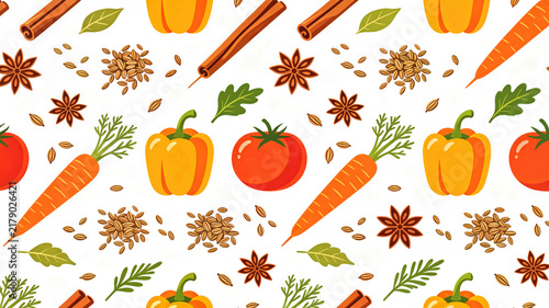 Seamless pattern of fresh vegetables spices cinnamon and star anise