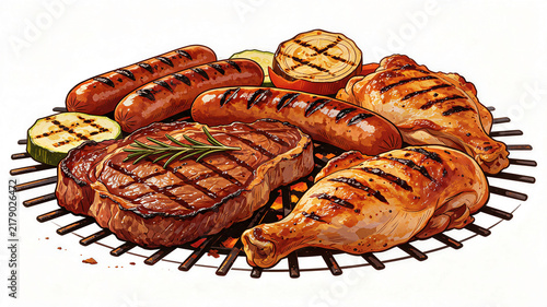 Grilled meat assortment with steak chicken sausages on a grill