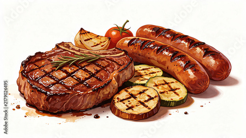 Grilled steak sausages and vegetables BBQ meal illustration on white