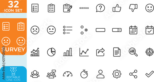 Survey line editable Vector illustration icon set. feedback Linear Icons, Including question, opinion, satisfaction, opinion, research, review, satisfaction, task, poll, answer and More.