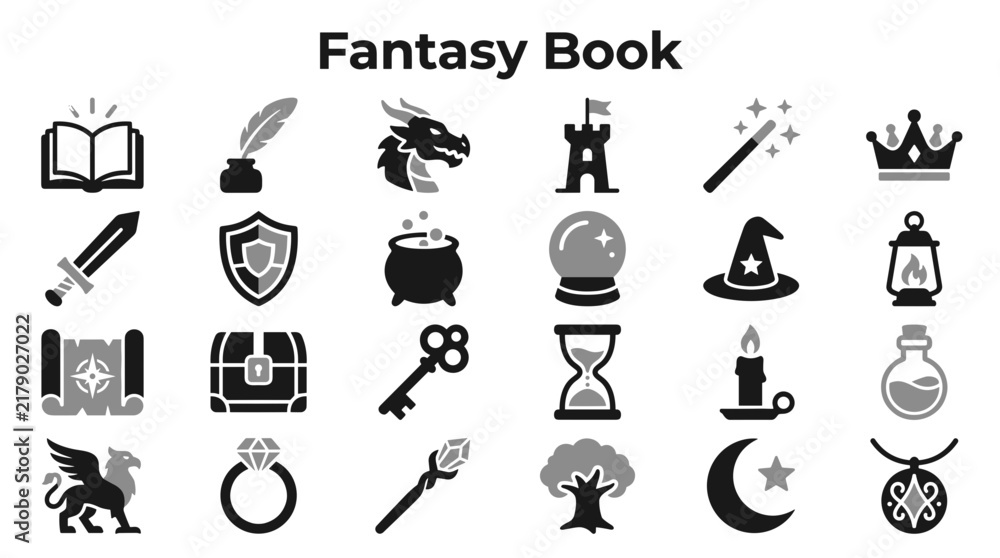 Obraz premium Set of fantasy book elements and magic icons isolated on white background