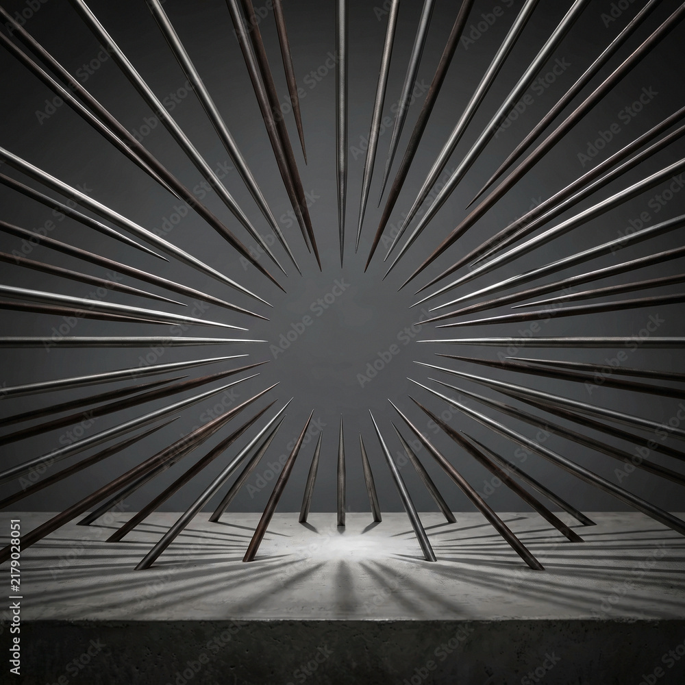 Obraz premium Macro View of Sharp Metallic Spikes Radial Burst Installation Sculpture