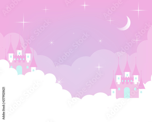 Fairytale pink background with princess castle, pastel clouds, sparkling stars and cute magical party invitation template.