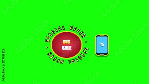 Special Offer Big Sale promotional badge animation with smartphone showing percentage symbol against a green screen chroma key background motion graphic loop