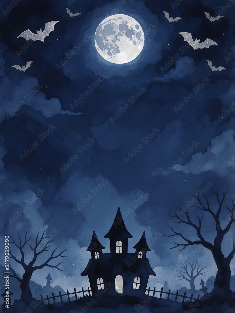 Fototapeta premium Halloween haunted house with moon and bats background