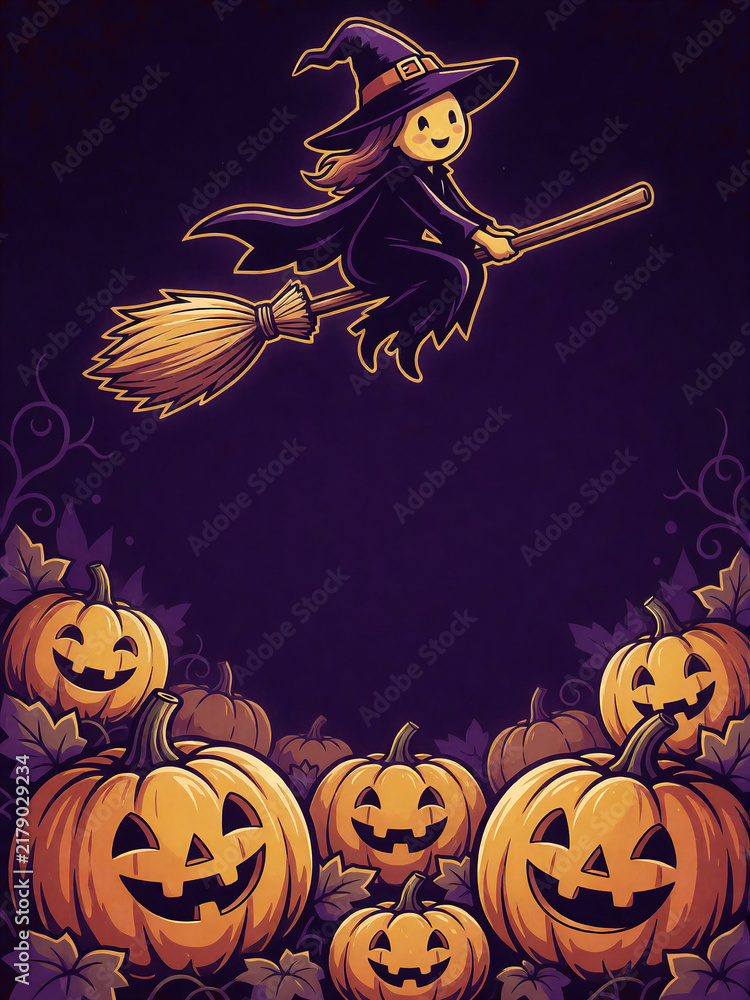 Fototapeta premium Cute witch flying on broomstick over pumpkin patch halloween poster
