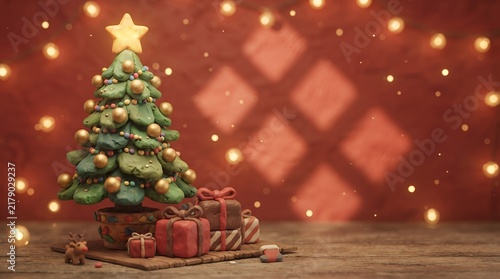 claymation tableau featuring a decorated Christmas tree with presents