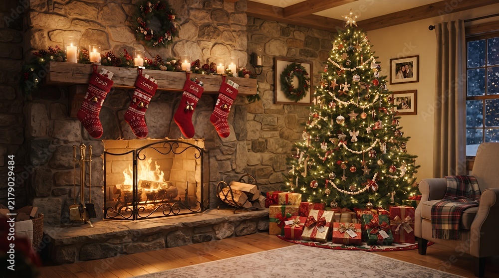 Fototapeta premium surrounded by gifts, evoking a sense of timeless festive tradition and familial warmth
