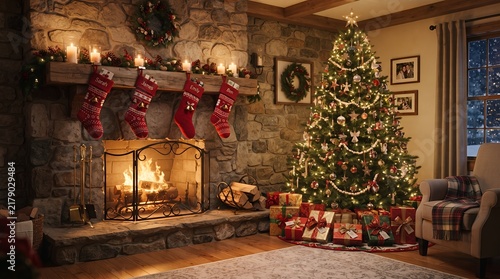 surrounded by gifts, evoking a sense of timeless festive tradition and familial warmth