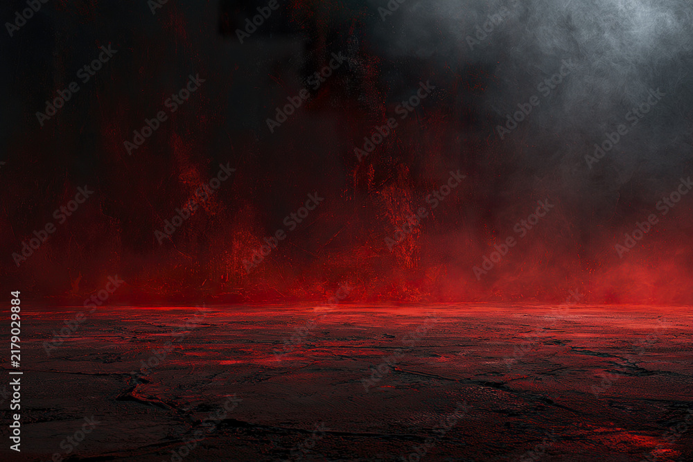 Obraz premium Dark cracked concrete floor with glowing red smoky background creating dramatic and intense atmosphere