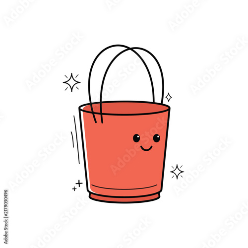 Cute red bucket with a happy smiling face cartoon for cleaning or gardening concept isolated on a plain white background