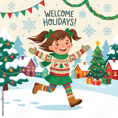 Joyful Child Welcoming Winter Holidays With Festive Spirit