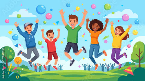 Joyful Children and Adults Celebrating Outdoors With Bubbles and Confetti