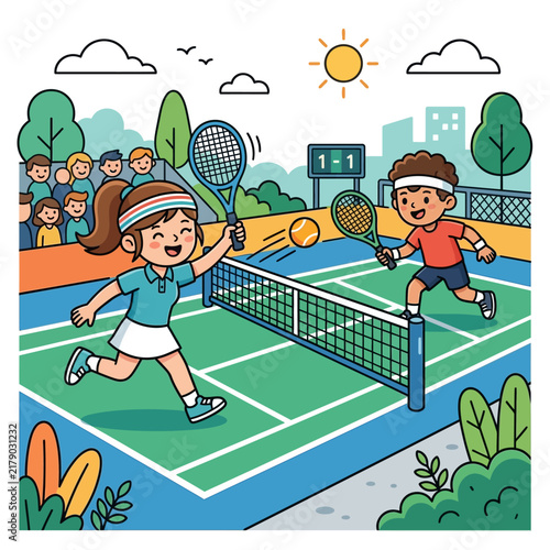 Joyful Children Engaged In An Exciting Tennis Match On A Sunny Day