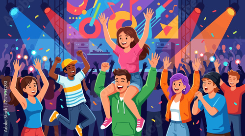 Joyful Crowd Celebrating At An Energetic Concert Event With Confetti Falling
