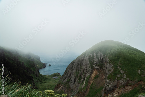 Momoiwa Rock shrouded in sea fog overlooking Nekoiwa Rock, Rebun Island